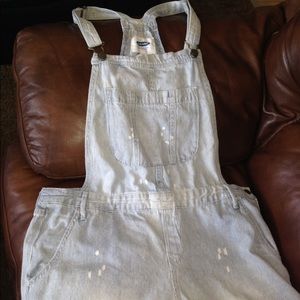 Baby blue and white pinstriped overall shorts